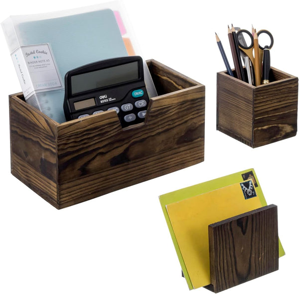 MyGift Magnetic Storage Trays, Rustic Burnt Solid Wood Office Supplies Baskets with Mail Sorter and Pen Holder, 3 Piece