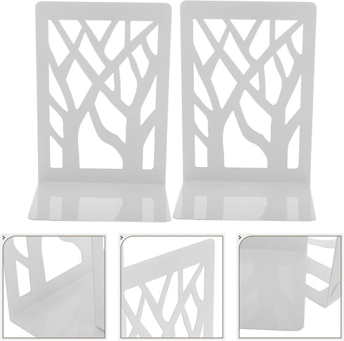 TOYZFRIENDY 2pcs White Tree Shadow Bookends for Desk Bookshelf, Metal Reading Stand with Decorative Holder, Book