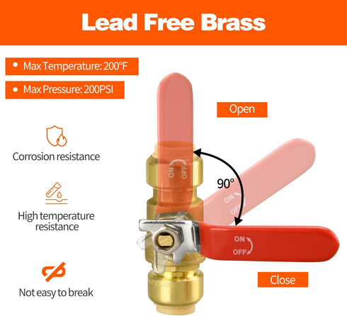 Push Fit Ball Valve, 2 Pack 1/2" Push-Fit Full Port Ball Valve with Disconnect Clip for Water Shut Off