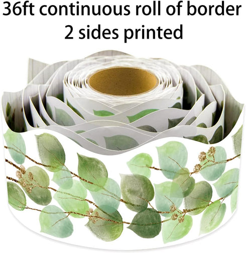 Fancy Land Eucalyptus Die-Cut Border Trim - 36ft Roll, Two-Sided Printed Leaves for Classroom Decor