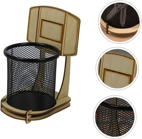 Basketball Stand Pen Holder, Kid Pencils Mesh Wire Pencil Cup Holder, Child Desk Kids Office Wood Grain Storage Box
