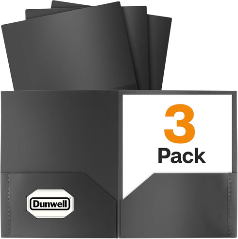 Dunwell Plastic Folders with Pockets (Black, 3 Pack), Durable Acid-Free Poly 2 Pocket Folders for School or Office
