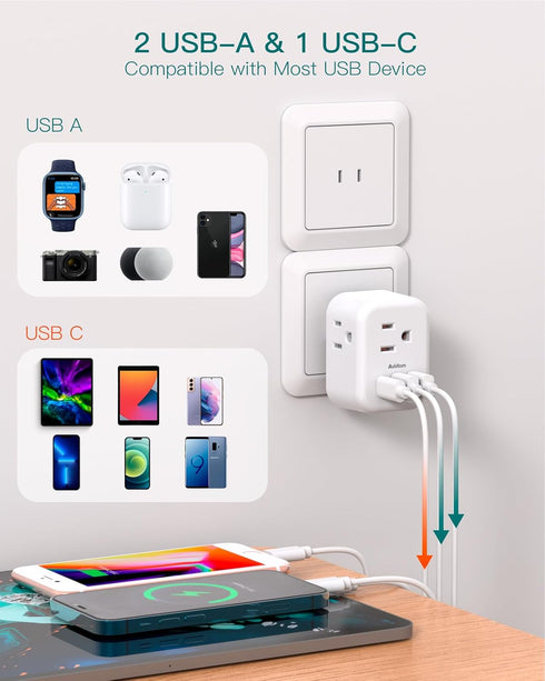 Addtam US to Japan Plug Adapter, 2 Prong to 3 Prong with 3 AC Outlets, 3 USB Ports for Travel Power Plug