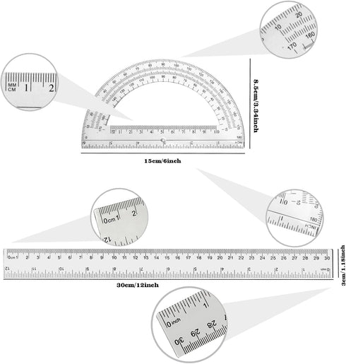 Tdfronien 2 Packs 12 Inch 6 Inch Set Set Set Plastic Ruler and Plastic Protractor Clear Math Geometry Classroom Angle