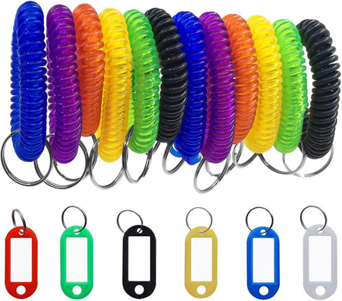 SENHAI 12 pcs Wristband Keychains & 6 pcs Key Tags, Plastic Coil Stretch Elastic Spring Bracelet Key Ring