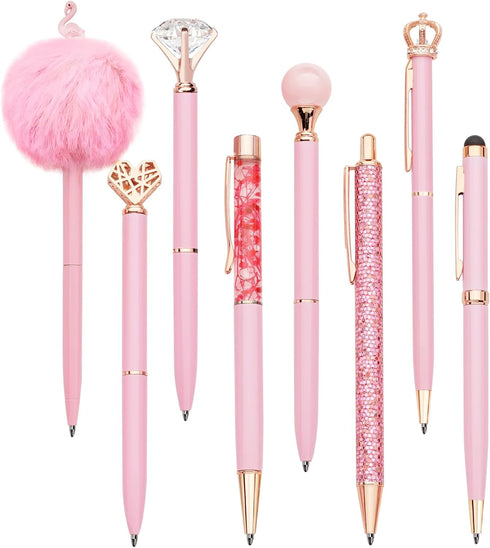 WEMATE 8Pcs Pink Ballpoint Pen Set, Metal Crystal Diamond Glitter Pens for Journaling, Gifts for Women, School, Office