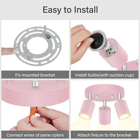 3 GU10 Bulb Light Track Lighting Fixtures Ceiling, Pink Round Directional Spotlight Fixtures, Flush Mount Ceiling