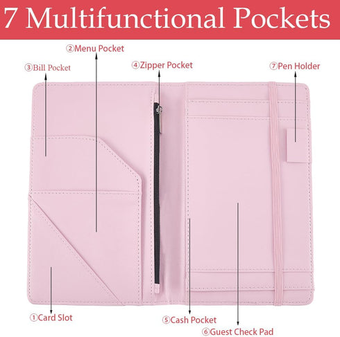 Server Books Cute Pink Waitress Book with Zipper Strawberry Leather Server Notebooks with Pocket Money Organizer Wallet