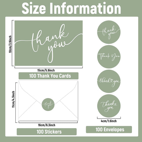 Naozinebi 100 Pack 6x8 Inches Thank You Cards with Envelopes and Stickers Green Sage Thanks Greetings Card Minimalistic