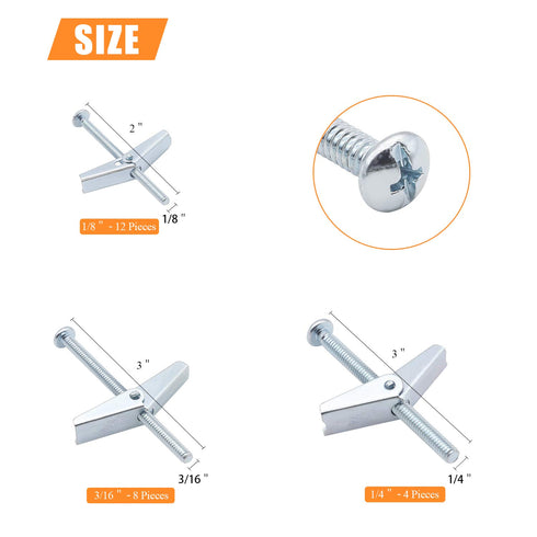 24 Pieces Toggle Bolt and Wing Nut for Hanging Heavy Items on Drywall - 1/8 Inch, 3/16 Inch, 1/4 Inch