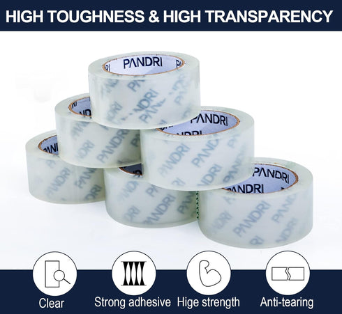 PANDRI Heavy Duty Packing Tape, 24 Rolls Clear Packaging Tape for Shipping, Moving, Sealing, 2 inches Wide, 65