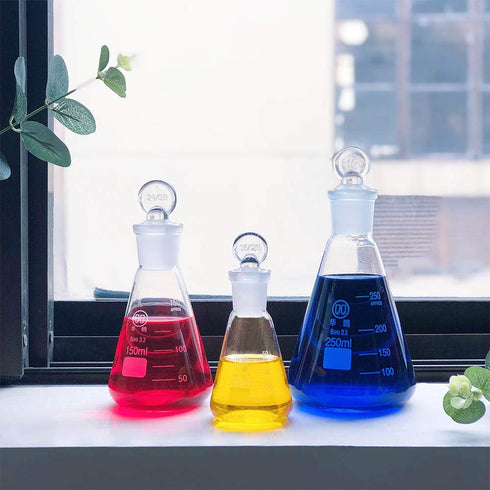 3pcs Glass Erlenmeyer Flask Set, 50ml 150ml 250ml with Stopper, Borosilicate, Narrow Mouth, Printed Graduation