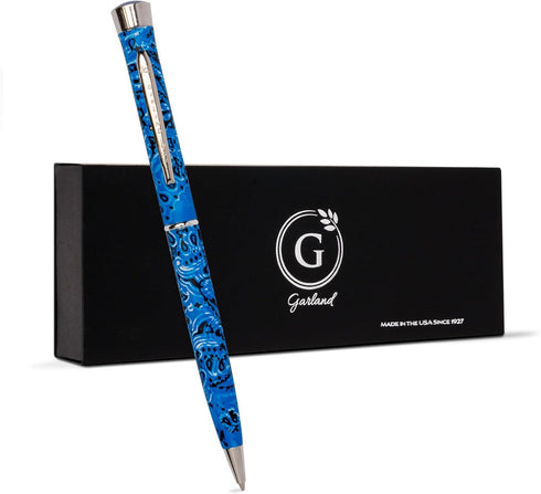 Garland Metal Twist Pen - Made in USA, Blue Paisley Design with Chrome Finish, Gift Box, Refillable with Universal #1