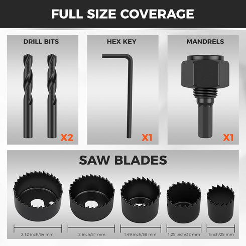 8PCS 1"2-1/8" (2554mm), 2 Set HORUSDY Hole Saw Kit, with Pcs Drill Bits, Mandrel & Hex Key, Smooth Cut, DIY-Friendly