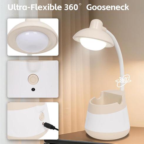 Vipsuh USB LED Desk Lamp with Phone Holder, Pen Stand, Flexible Gooseneck & Rechargeable Battery for Office, Study