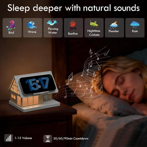 SMARTERIOR 15W 3-Level Dimmable Night Light,House-Shaped Nightstand Light with Wireless Charger and White Noise