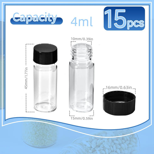 15 PCS Clear Glass Vial 4ml, 1 Dram Leak-Proof Vial with Black Screw Cap, 15x45mm
