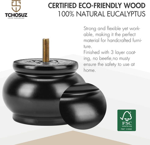 TCHOSUZ 2.4 inch 6cm Pack 4 M8 / Wooden Furniture Legs, of Classic Black Solid Wood Turned DIY Replacement Bun Feet