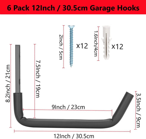 Heavdace 12" 8 Pack Garage Storage Ladder Hooks with Jumbo Arm, Heavy Duty Wall Mounted Storage Hanger Utility