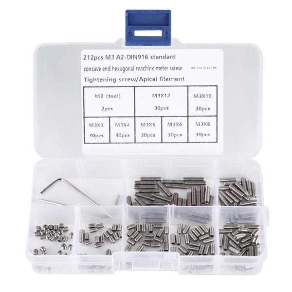 212Pcs M3 Inner Hex Concave End Stainless Steel Grub Screws Kit with Installing Tools