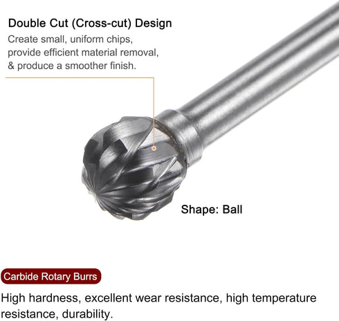 10pcs Carbide Rotary Burrs, 1/8" (3mm) Shank, 1/4" (6mm) Head for Metal Wood Polishing