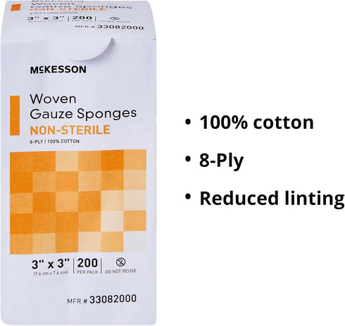 8-Ply, 100% 4 4 200 Pack, 5 Packs, 1000 McKesson Woven Gauze Sponges, Non-Sterile, Cotton, in x in, per Total