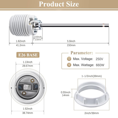 E26 Bulb 6 Inches Bulb, 1 Pack DiCUNO Medium Base Ceramic Light Threaded Socket with White Shade Ring, Standard