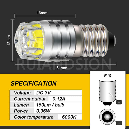 Ruiandsion 2pcs E10 Base LED Upgrade Bulb, 3V COB 2W Replacement for Flashlights, Torch Lights, White