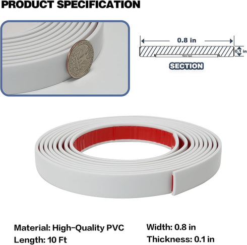 Peel and Stick Trim, 0.8 in x 10 Ft Waterproof Molding Trim for Walls, Mirror Frame,Baseboard, Flexible & Self-Adhesive Trim White(Paintable)