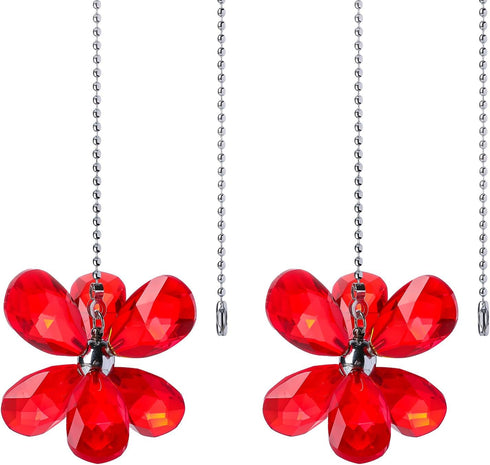 2 Pack Silver Ceiling Fan Pull Chains Extension, Red Crystal Prisms Flower