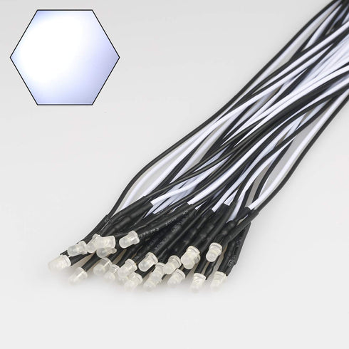 50pcs 12 Volt 3mm White LED Lights - Emitting Diodes Pre Wired 7.9 Inch DC 12v LED Light Diffused Colored Lens