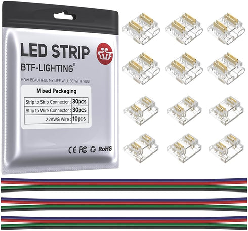 BTF-LIGHTING FCOB 4Pin 10mm Connector Kit, 30pcs Corner Connectors, 30pcs Gapless Solderless Connectors, 10pcs 22AWG