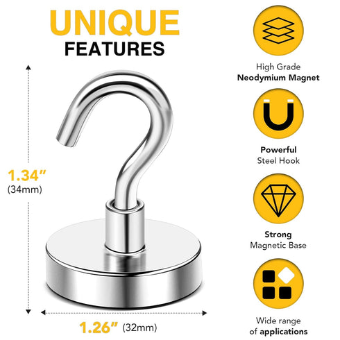 DIYMAG Magnetic Hooks,110 lb Heavy Duty Strong Magnet with Hook for Hanging, Strong Rare Earth Neodymium Magnet Hooks for Fridge, Kitchen,Cruise, Grill, Garage and Storage, 12 Packs