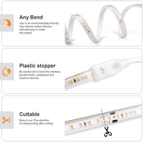 6.6ft 240LEDs (3000K) 110V Waterproof Outdoor LED Strip Lights - Warm White for Garden, Yard, Patio, Lawn, Under