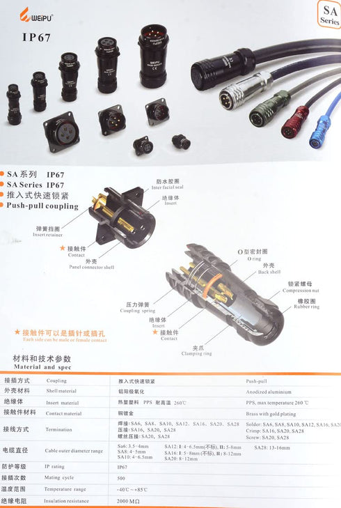 WEIPU IP67 Male Female Solder Crimp Contact, 2Pin Terminal Block Cable Wire Power Connector (SA20 Series)