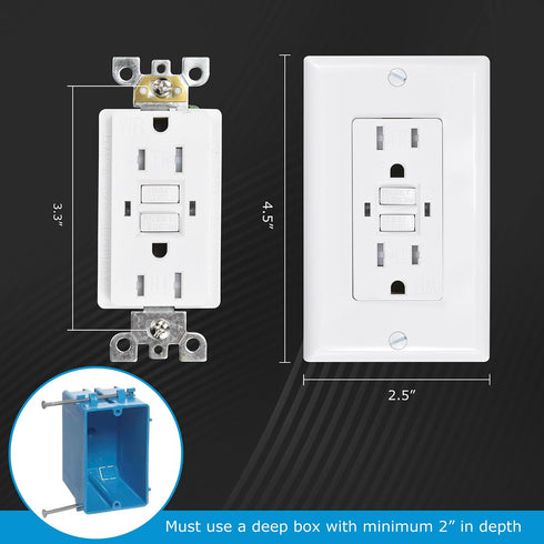GFC2301 Duplex Self-Test Tamper and Weather Resistant GFCI Outlets with Wall Plate, TR/WR GFCI Outlets, 15 Amp 120V AC, White, UL Listed, 1 Pack