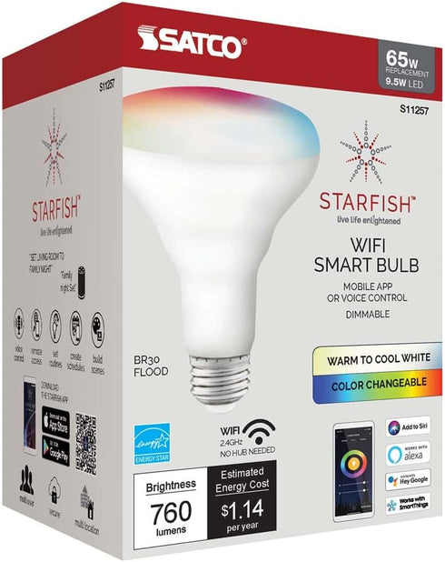 S11257 9.5W BR30 Bulb, 2700K-5000K, Satco Starfish WiFi Smart LED Light Tunable White and Color Changeable, Voice