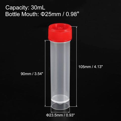 PATIKIL 30mL Plastic Test Tubes, 60 Pack Frozen Test Tube Vial Container Storage Screw Cap for Lab Laboratory Science, Red Clear