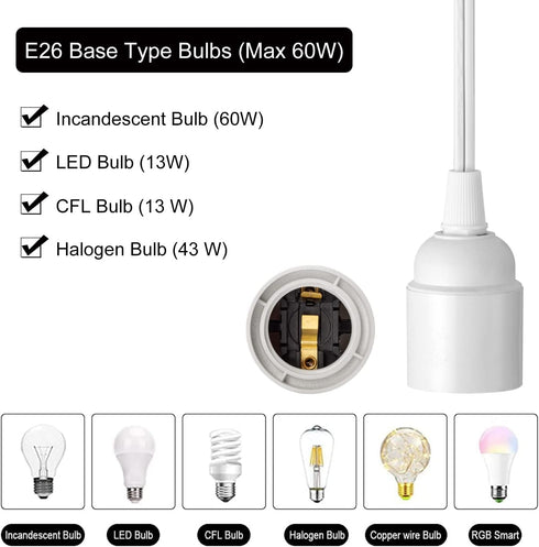 SIXZOONM 20Ft E26 Bulb Bulb) Extension Hanging Lantern Pendant Light Cord - White, Light Socket with Cord, On/Off