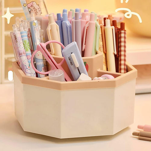 Desk Organizer, Pencil Pen Holder, 5 Compartments Desktop Stationary Storage Box, School Home Office, White+Pink