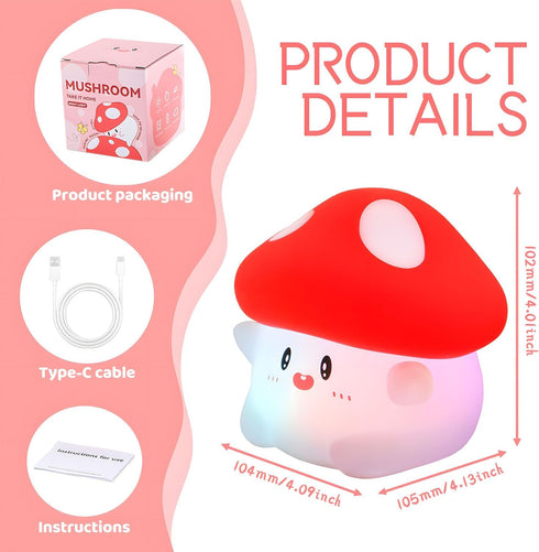 50Hrs 2 Mushroom Night Light Color Changing, Mushroom Lamp, Tap Control Brightness & Timer, Rechargeable Squishy Night