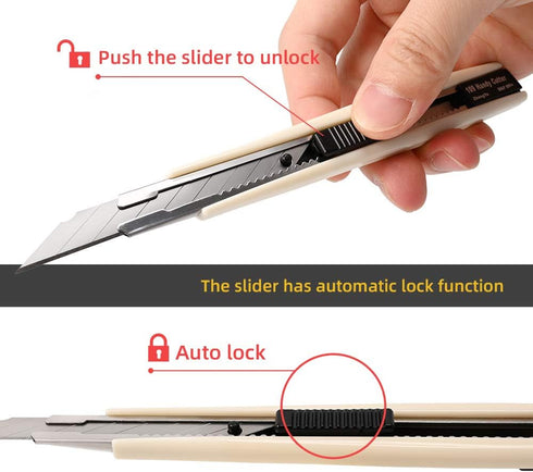 Gift Wrap Cutter Retractable Box Cutter, 3 Pcs Lockable Blade Knives + 30 Pcs 9mm Snap Off Blades