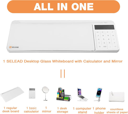 SELEAD Desktop Glass Whiteboard with Calculator & Built-in Mirror, Dry Erase White Board Computer Pad with Organizer