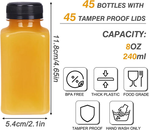 45pcs 8oz TOMNK Plastic Juice Bottles with Black Caps Empty Reusable Clear Bottles with Label, Funnel and Brush
