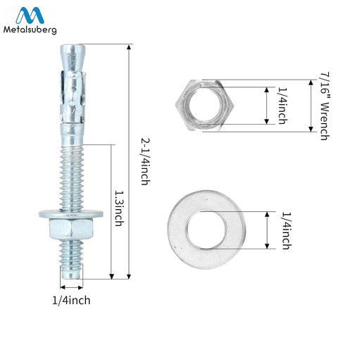 1/4"x2-1/4" Wedge Anchor by Zinced of Heavy-Duty Fastener for Cement and Concrete (20pcs Pack)
