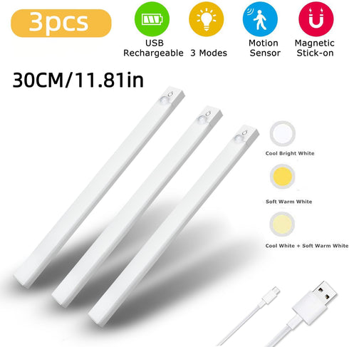 NBBUFF 3pcs Dimmable 3Color (3000K/4500K/6000K), 11.81" LED Motion Sensor Cabinet Lights, USB Rechargeable, Modes Night