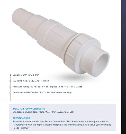 Midline Valve 567SD034 Heavy Duty PVC Repair Coupling, Expandable Pipe Fitting, 3/4 in. White Plastic