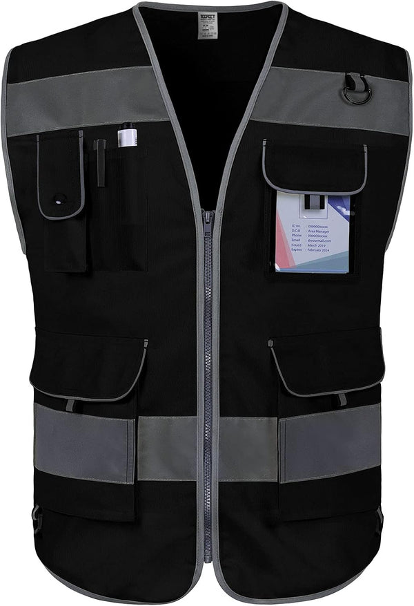TCCFCCT Black Safety Vest for Men Women, Large, 9 Pockets, High Visibility, Reflective, Meets ANSI/ISEA Standards