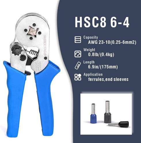 Wire Ferrule Crimping Tool, Square Crimp Profile, Self-adjusting Wire End-sleeves Crimper for AWG23-10 Insulated Terminal & Non-insulated Ferrule