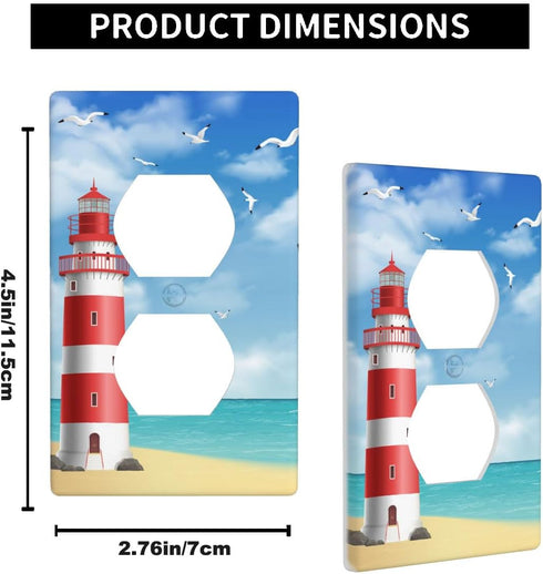 Red Lighthouse Outlet Covers Beach Blue Ocean Sunny Sky Clouds Seagull Nautical Coast 1-Gang Plug Cover Light Switch Covers Standard Size Duplex Wall Plate 4.5" X 2.76"